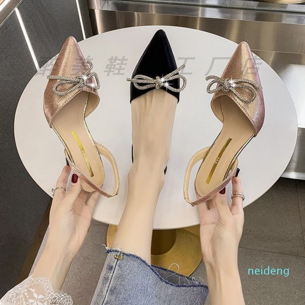 sandals women's baotou summer new thin hollow diamond bow pointed high heel shoes 2021, Black