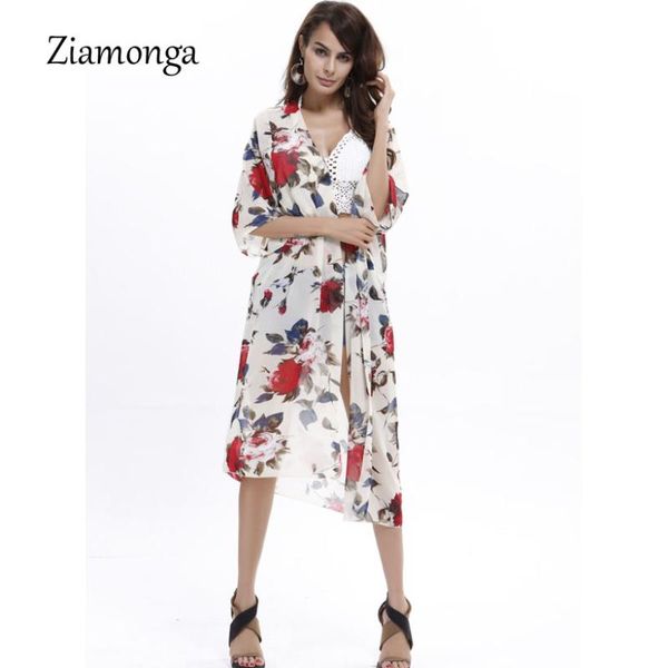 ziamonga retro fashion kimono cardigan women floral print chiffon loose shawl cover up shirt blouse outwear blusas feminina women's blo, White