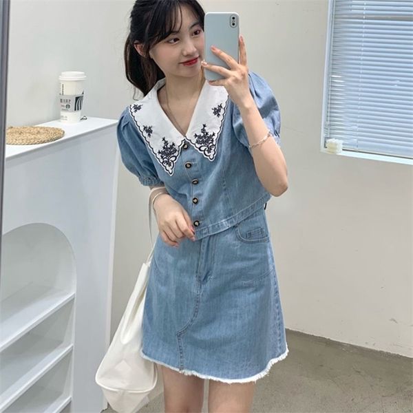 summer women two-piece set denim embroidered lapel puff sleeve crop + high waist mini skirts casual lady vestidos 210519, White
summer women two-piece set denim embroidered lapel puff sleeve crop + high waist mini skirts casual lady vestidos 210519, White