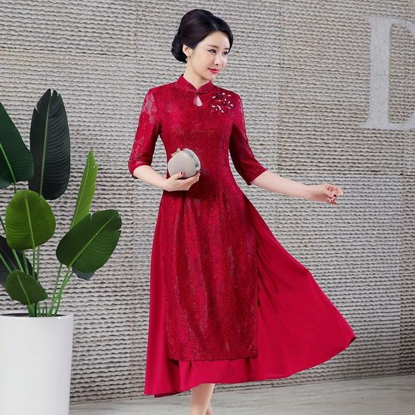 ethnic clothing lace cheongsam improved chinese style slim aodai toast 2021 long mother dress, Red
ethnic clothing lace cheongsam improved chinese style slim aodai toast 2021 long mother dress, Red