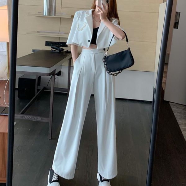 women's two piece pants womens summer suit blazers korean casual sets short sleeves corp high waist wide leg outfits, White
women's two piece pants womens summer suit blazers korean casual sets short sleeves corp high waist wide leg outfits, White
