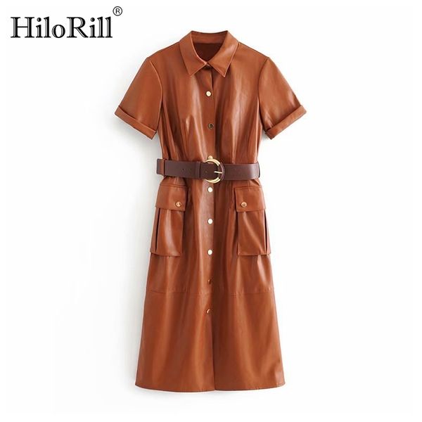 women streetwear solid pu leather dress pleated short sleeve sashes knee length dresses turn down collar pocket vestido 210508, Black;gray
women streetwear solid pu leather dress pleated short sleeve sashes knee length dresses turn down collar pocket vestido 210508, Black;gray