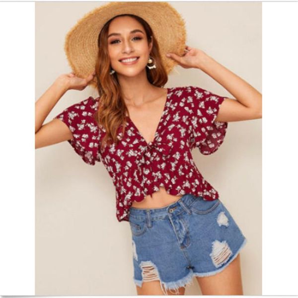 women's swimwear deep v-neck short blouse women red floral print tie bow bandage summer beach cover up swimsuits, White;black
women's swimwear deep v-neck short blouse women red floral print tie bow bandage summer beach cover up swimsuits, White;black