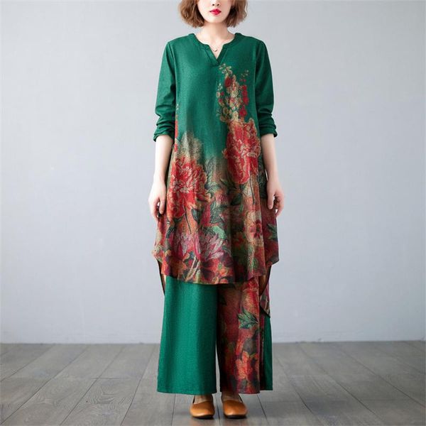 women's two piece pants johnature women vintage set print floral loose v-neck long sleeve t-shirt elastic waist pocket simple wide leg, White
women's two piece pants johnature women vintage set print floral loose v-neck long sleeve t-shirt elastic waist pocket simple wide leg, White