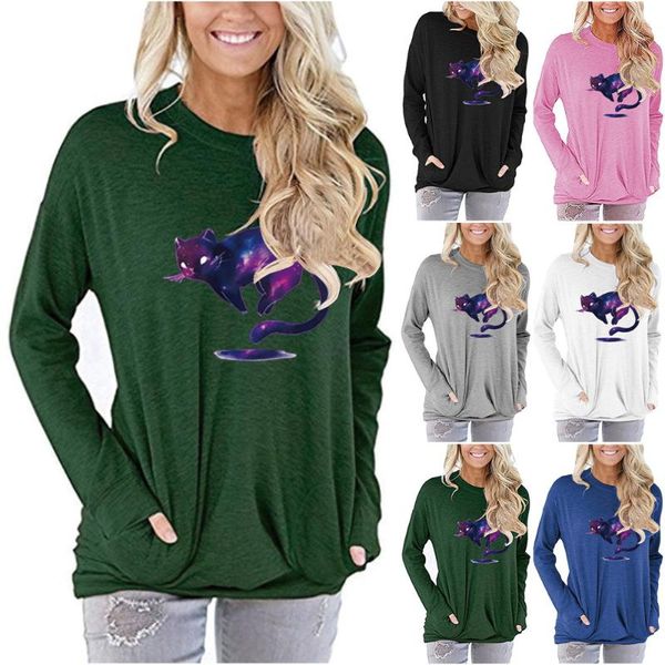 women's t-shirt womens long sleeve animal cat printed pocket round neck casual loose pullover tees, White
women's t-shirt womens long sleeve animal cat printed pocket round neck casual loose pullover tees, White