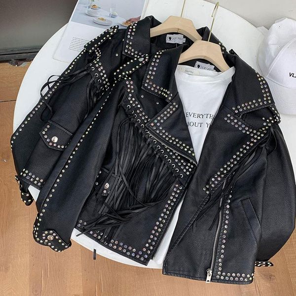 women's leather & faux rivet beading soft pu coats women tassel stitching jacket punk rock cropped jackets autumn coat, Black
women's leather & faux rivet beading soft pu coats women tassel stitching jacket punk rock cropped jackets autumn coat, Black