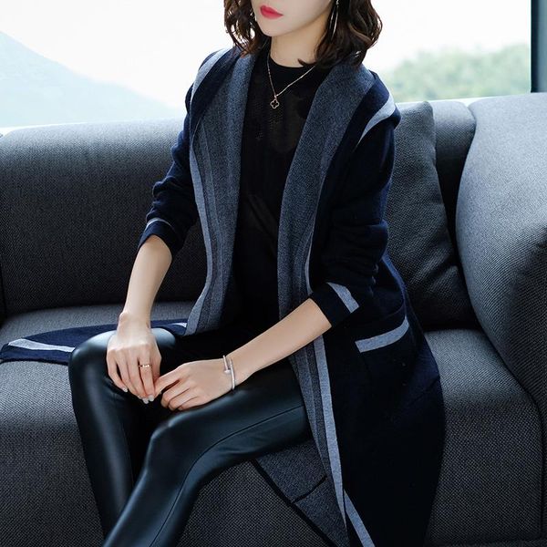 women's sweaters 2021 spring and autumn jacket medium long style contrast hooded, knitted sweater, White;black
women's sweaters 2021 spring and autumn jacket medium long style contrast hooded, knitted sweater, White;black