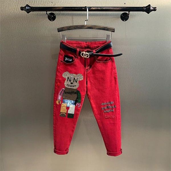 women's jeans women cotton elastic denim pants 2021 autumn drilling bear red harem all-match loose straight casual trousers lady, Blue
women's jeans women cotton elastic denim pants 2021 autumn drilling bear red harem all-match loose straight casual trousers lady, Blue