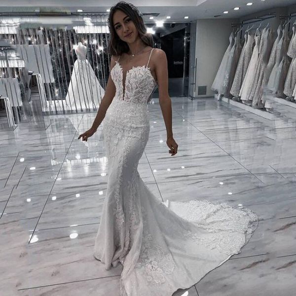 spaghetti lace mermaid wedding dress bridal gowns appliqued sweep train lace-up backless bride dresses, White
spaghetti lace mermaid wedding dress bridal gowns appliqued sweep train lace-up backless bride dresses, White