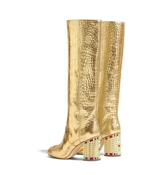 boots luxury gold crocodile pattern leather knee high boot colorful rhinestone studded metal decor chunky heel ridding big size, Black
boots luxury gold crocodile pattern leather knee high boot colorful rhinestone studded metal decor chunky heel ridding big size, Black