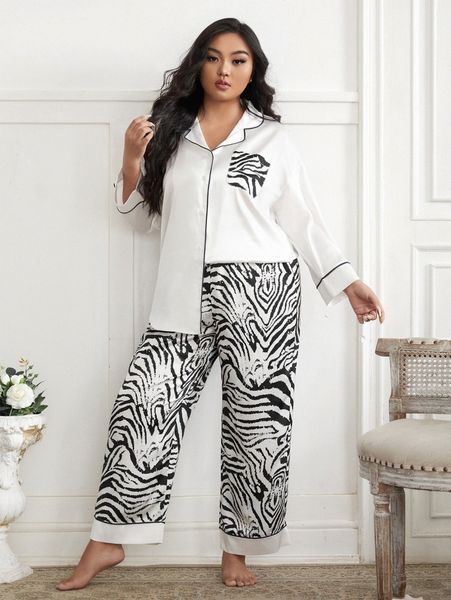 plus zebra striped contrast piping patched pocket satin pj set d4fs#, Black;white
plus zebra striped contrast piping patched pocket satin pj set d4fs#, Black;white