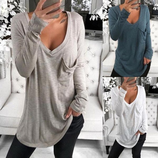 women's t-shirt women solid color deep v long sleeve front pocket loose tunic base daily shirt korean style, White
women's t-shirt women solid color deep v long sleeve front pocket loose tunic base daily shirt korean style, White