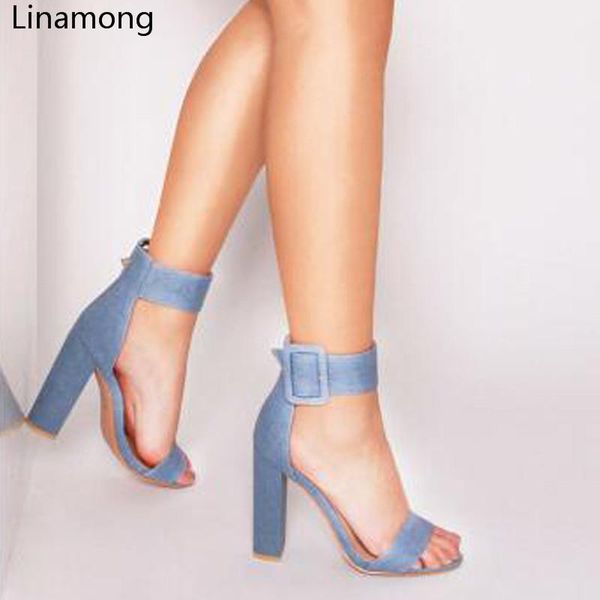 fashion women denim ankle strap big buckle summer sandals open toe chunky heels female dress party sandal shoes, Black