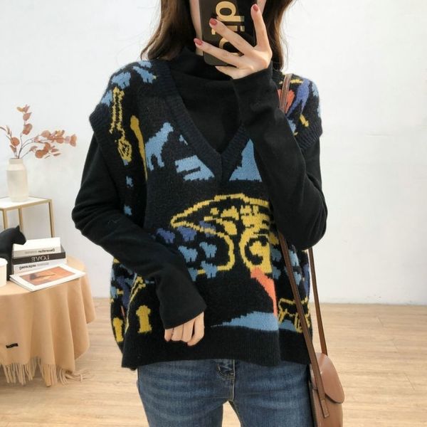 hoodies women's v-neck graffiti knitted vest in autumn and winter, Black