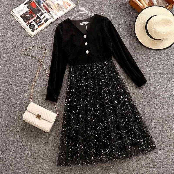 elegant women's autumn long sleeves v neck patchwork mesh sequins dress female dresses a2094 210428, White 
elegant women's autumn long sleeves v neck patchwork mesh sequins dress female dresses a2094 210428, White