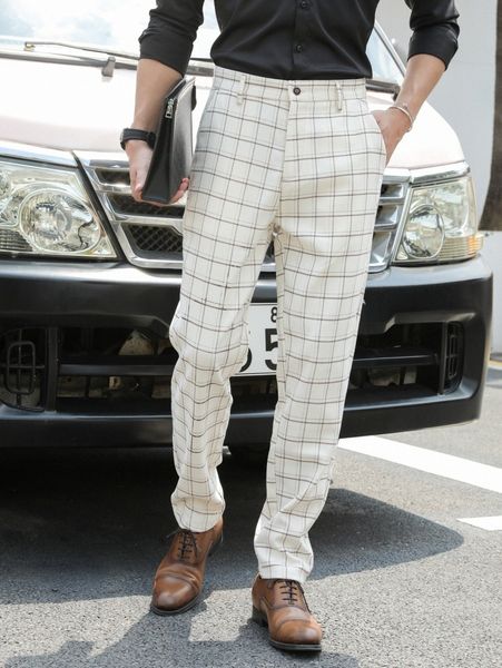 men plaid print slant pocket pants 07l6#, Black
men plaid print slant pocket pants 07l6#, Black