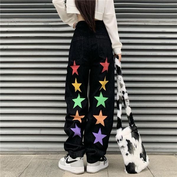 women's jeans harajuku stars embrodiery style for women high street straight washed distressed casual denim trousers, Blue
women's jeans harajuku stars embrodiery style for women high street straight washed distressed casual denim trousers, Blue