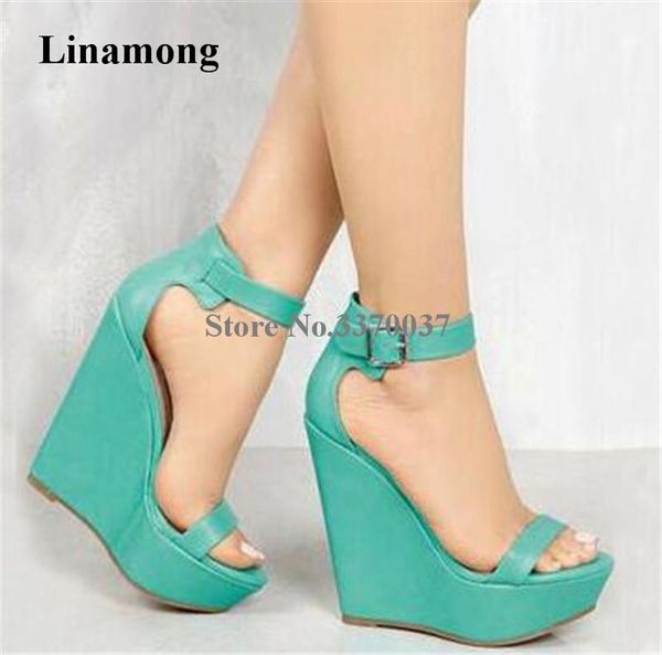ladies fashion style one strap high platform leather wedge sandals green pink brown height increased ankle, Black