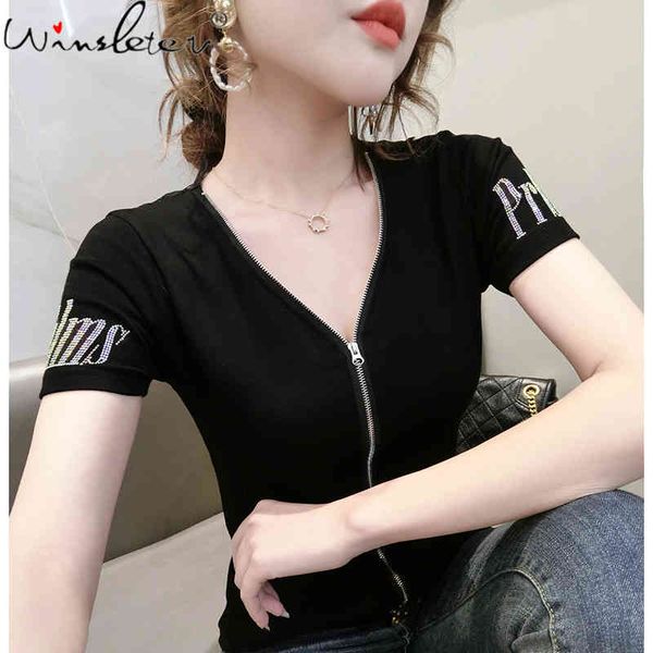 women's t-shirt summer korean style girls fashion v-neck zipper women short sleeve shiny diamonds slim tees 2021 t12903a, White
women's t-shirt summer korean style girls fashion v-neck zipper women short sleeve shiny diamonds slim tees 2021 t12903a, White