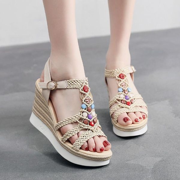 summer sandals women fashion rope weave beaded high heel thick bottom casual buckle strap wedges (5cm-8cm), Black
summer sandals women fashion rope weave beaded high heel thick bottom casual buckle strap wedges (5cm-8cm), Black