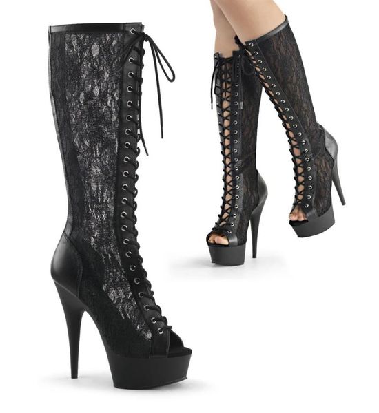 boots 15cm front lace up high heeled steel pipe dance thin fashion trend, Black