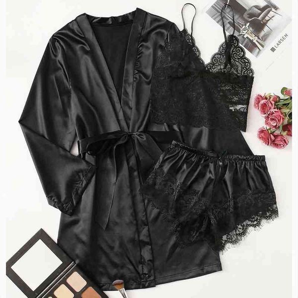 womens silk robe set 3 pieces pajamas sets satin sleepwear silk nightwear pyjama strap lace sleep lounge pijama nightgown, Black;red
womens silk robe set 3 pieces pajamas sets satin sleepwear silk nightwear pyjama strap lace sleep lounge pijama nightgown, Black;red
