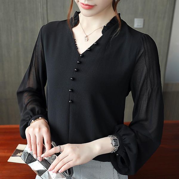 women's blouses & shirts long sleeve women fashion blouse 2021 beading v-neck office ladies solid black chiffon female b748, White
women's blouses & shirts long sleeve women fashion blouse 2021 beading v-neck office ladies solid black chiffon female b748, White