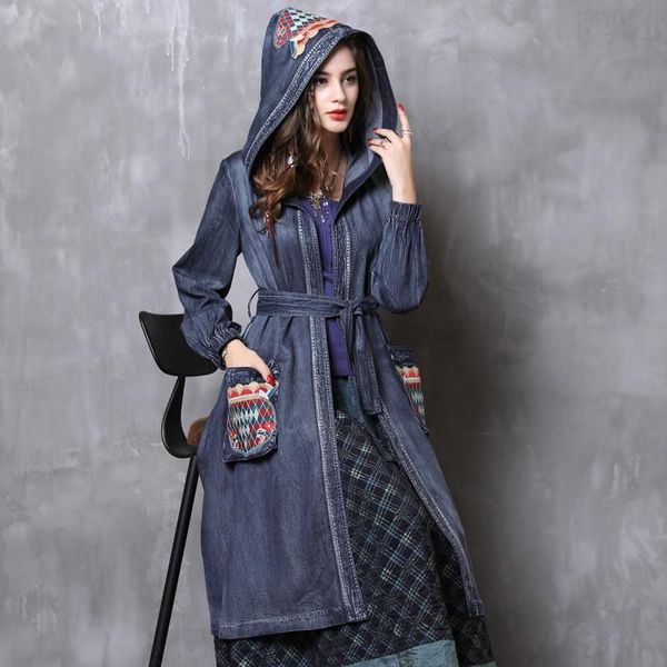 women's trench coats johnature spring leisure retro embroidery patchwork pockets denim hooded coat 2021 comfortable all-match women win, Tan;black
women's trench coats johnature spring leisure retro embroidery patchwork pockets denim hooded coat 2021 comfortable all-match women win, Tan;black