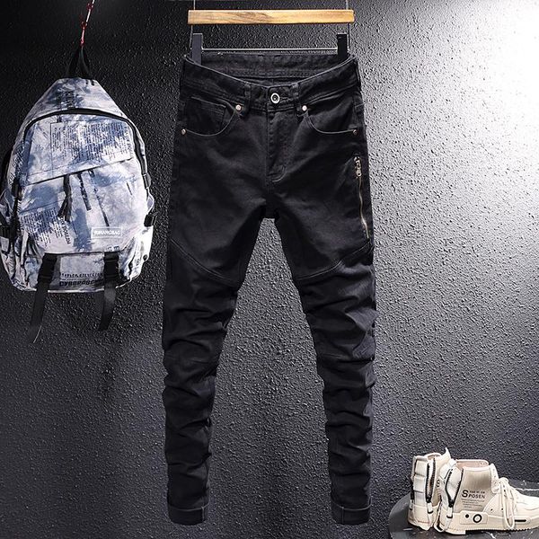 men's jeans american street style fashion men black color elastic slim fit spliced designer biker hip hop casual denim pants, Blue
men's jeans american street style fashion men black color elastic slim fit spliced designer biker hip hop casual denim pants, Blue