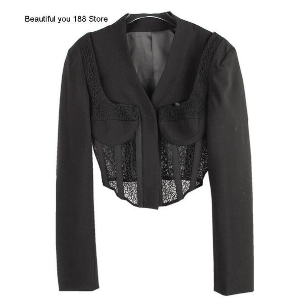 2021 autumn new black street jacket women's high-end dark lace hollow design casual top, White 
2021 autumn new black street jacket women's high-end dark lace hollow design casual top, White