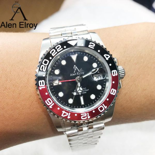 wristwatches alen elroy design 2021 men's automatic watch red&black bezel sapphire glass luxury gmt 3bar waterproof sports watches, Slivery;brown
wristwatches alen elroy design 2021 men's automatic watch red&black bezel sapphire glass luxury gmt 3bar waterproof sports watches, Slivery;brown