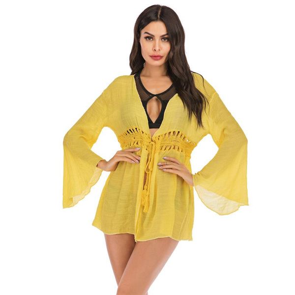 women's long bell sleeve drawstring fringe crochet beach blouse bikini with loose hook sunscreen jacket swimwear, White;black
women's long bell sleeve drawstring fringe crochet beach blouse bikini with loose hook sunscreen jacket swimwear, White;black