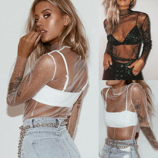 women's t-shirt women lace mesh polka dot long sleeve see-through turtleneck ladies sheer fashion, White
women's t-shirt women lace mesh polka dot long sleeve see-through turtleneck ladies sheer fashion, White