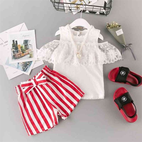 girls clothes set lovely baby girl's summer clothing set white lace shirt and red striped shorts children sundress 210715
girls clothes set lovely baby girl's summer clothing set white lace shirt and red striped shorts children sundress 210715