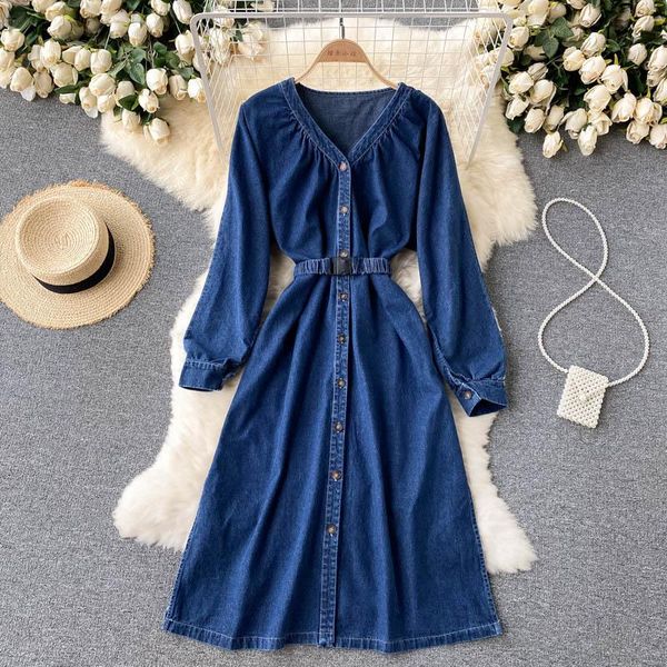 casual dresses korean style denim long dress with sashes high waist streetwear v neck sleeve female maxi, Black;gray
casual dresses korean style denim long dress with sashes high waist streetwear v neck sleeve female maxi, Black;gray