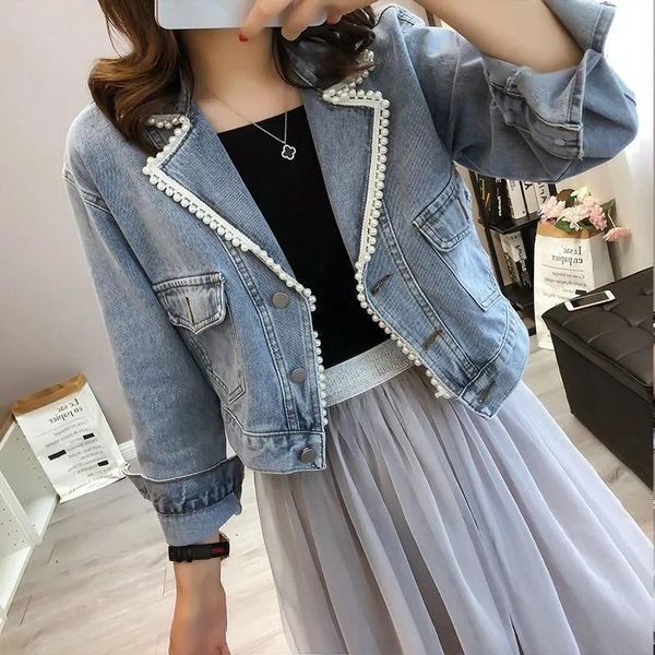 women's jackets autumn korean heavy industry beaded suit collar denim jacket women loose short fashion all-match cowgirl coat, Black;brown
women's jackets autumn korean heavy industry beaded suit collar denim jacket women loose short fashion all-match cowgirl coat, Black;brown