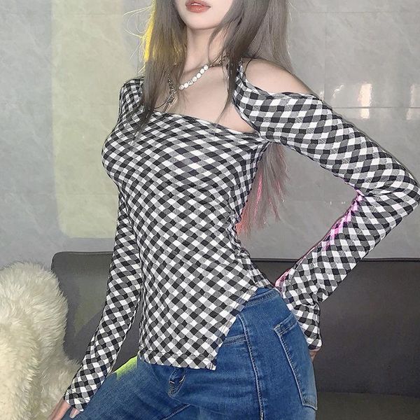 women's t-shirt 2021 style autumn dress slim fit fashion grid irregular off shoulder long sleeve, White
women's t-shirt 2021 style autumn dress slim fit fashion grid irregular off shoulder long sleeve, White