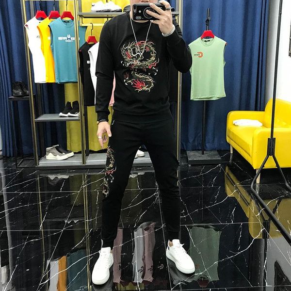 men's tracksuits autumn and winter personality dragon pattern embroidery all-match long-sleeved sweater suit two-piece youth tide, Gray
men's tracksuits autumn and winter personality dragon pattern embroidery all-match long-sleeved sweater suit two-piece youth tide, Gray