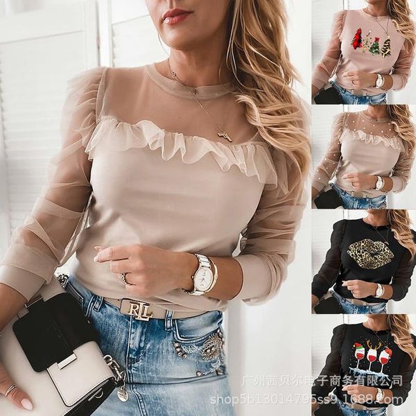 women's blouses & shirts women 2021 christmas pink wave dot mesh nail bead stamping splicing long sleeve round neck top, White
women's blouses & shirts women 2021 christmas pink wave dot mesh nail bead stamping splicing long sleeve round neck top, White