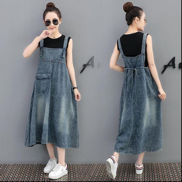 women dress summer adjustable strap denim sundress sleeveless long plus size dresses for korean street robe femme, Black;gray 
women dress summer adjustable strap denim sundress sleeveless long plus size dresses for korean street robe femme, Black;gray