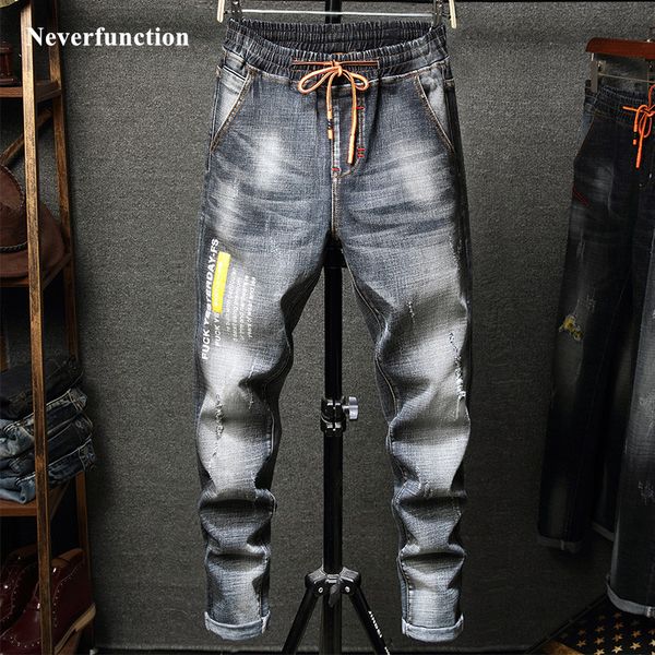 jeans men streetwear ripped elastic waist letter printed slim fit hip hop drawstring knee holes destroyed gray denim trousers, Blue
jeans men streetwear ripped elastic waist letter printed slim fit hip hop drawstring knee holes destroyed gray denim trousers, Blue