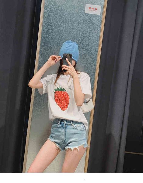 women's t-shirt 2021 female summer short sleeve printed fruit strawberry casual cotton shirt, White
women's t-shirt 2021 female summer short sleeve printed fruit strawberry casual cotton shirt, White