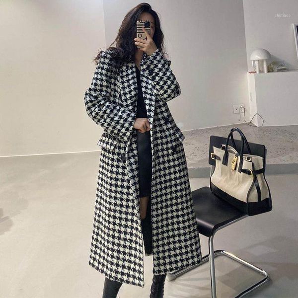 women's wool & blends 2021 european and american style autumn loose casual long houndstooth woolen coat jacket, Black
women's wool & blends 2021 european and american style autumn loose casual long houndstooth woolen coat jacket, Black