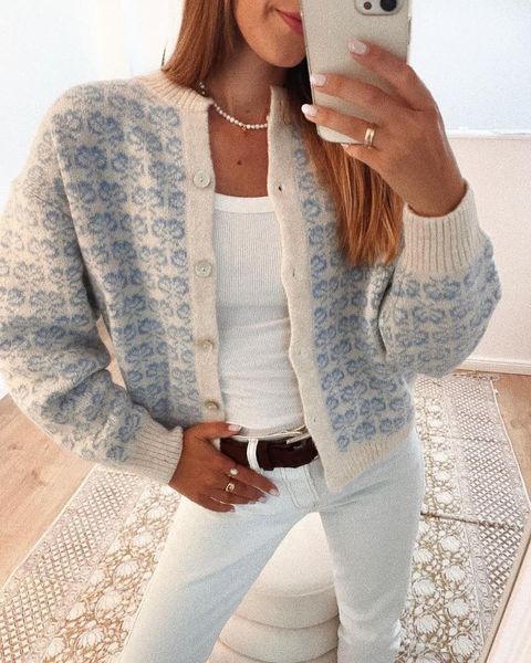 women's knits & tees xeasy 2021autumn women vintage cute blue jacquard sweater girl sweet knitted loose cardigan female round neck chic, White
women's knits & tees xeasy 2021autumn women vintage cute blue jacquard sweater girl sweet knitted loose cardigan female round neck chic, White