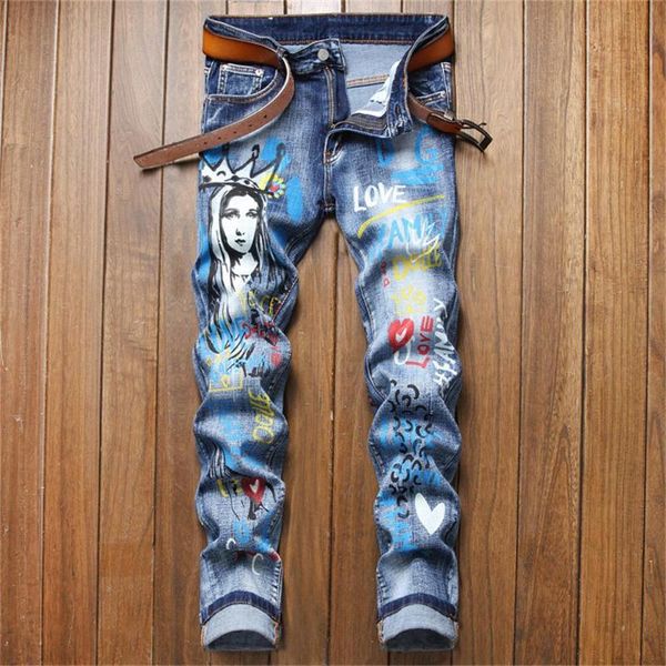 men's jeans american style letter washing printing cat whisker white slim micro-elastic trendy trousers, Blue
men's jeans american style letter washing printing cat whisker white slim micro-elastic trendy trousers, Blue
