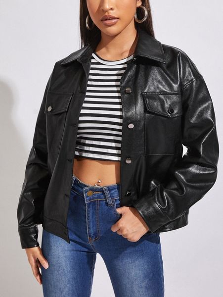 drop shoulder pu leather shacket y0km#, Black;brown