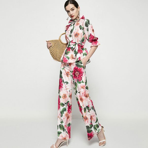 women's two piece pants sets ruffles collar printed sash belt blouse with floral pant fashion runway twinsets, White
women's two piece pants sets ruffles collar printed sash belt blouse with floral pant fashion runway twinsets, White