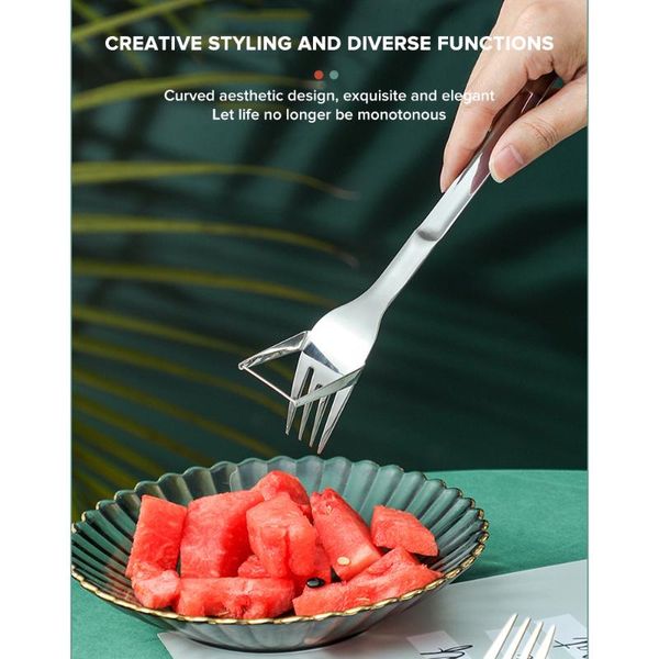 forks two in one fruit cutting fork spoon 304 stainless steel tableware watermelon slicer cut portable melon cutter kitchen supplies