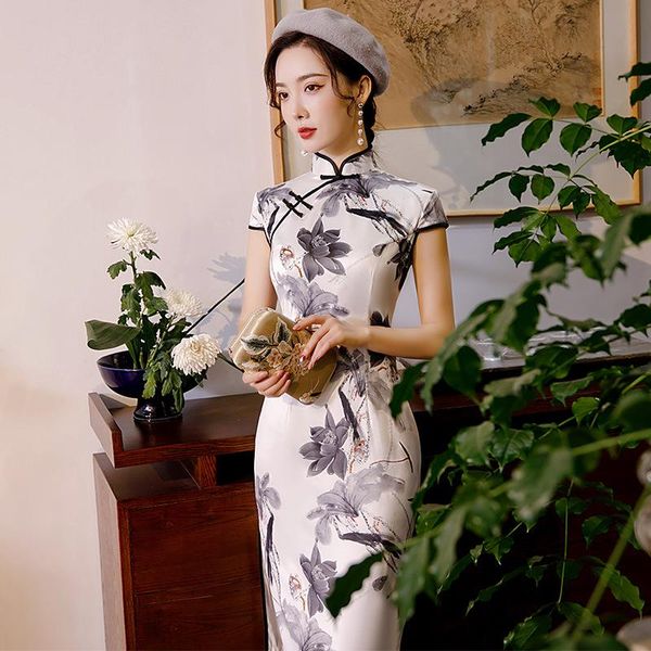ink painting lotus print classic chinese dress summer women medium length cheongsam vintage button trim slim elegant qipao ethnic clothing, Red
ink painting lotus print classic chinese dress summer women medium length cheongsam vintage button trim slim elegant qipao ethnic clothing, Red