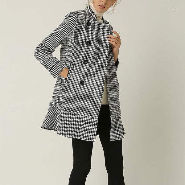 women's wool & blends double-breasted houndstooth coat 2021 autumn winter ladies outwear mid-length jacket with pockets, Black
women's wool & blends double-breasted houndstooth coat 2021 autumn winter ladies outwear mid-length jacket with pockets, Black